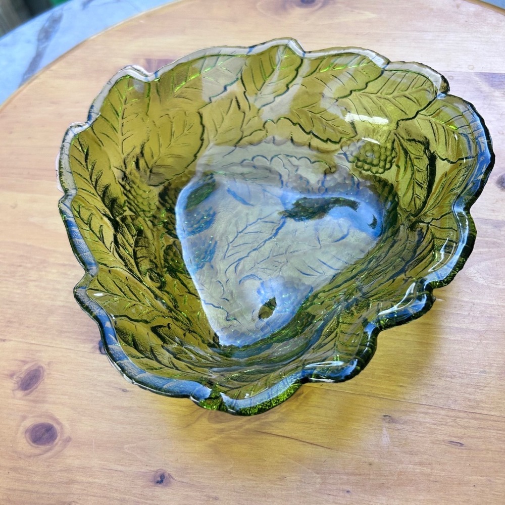 Vintage Loganberry Bowl Avocado Green Leaf Candy Dish Indiana Glass Retro Cottag